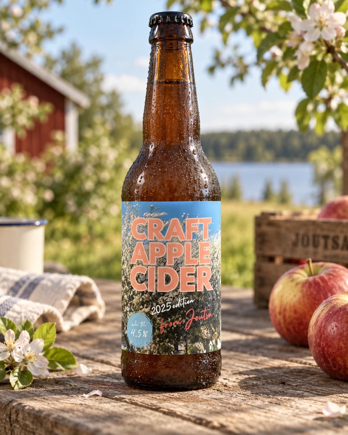 Craft Apple Cider -siideripullo ja omenakuvioinen etiketti