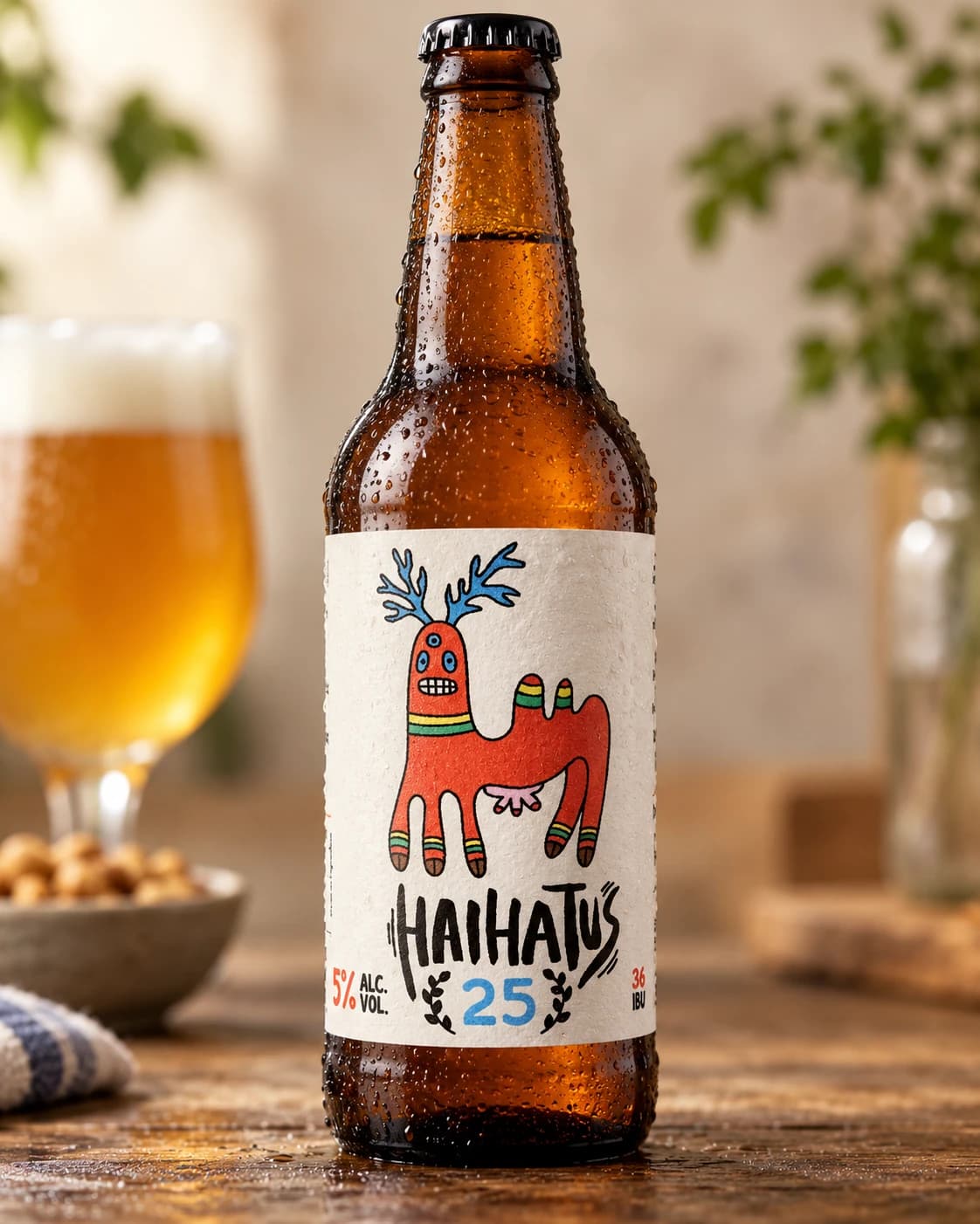 Taidelaitos Haihatuksen olutpullo taidekuvioisella etiketillä