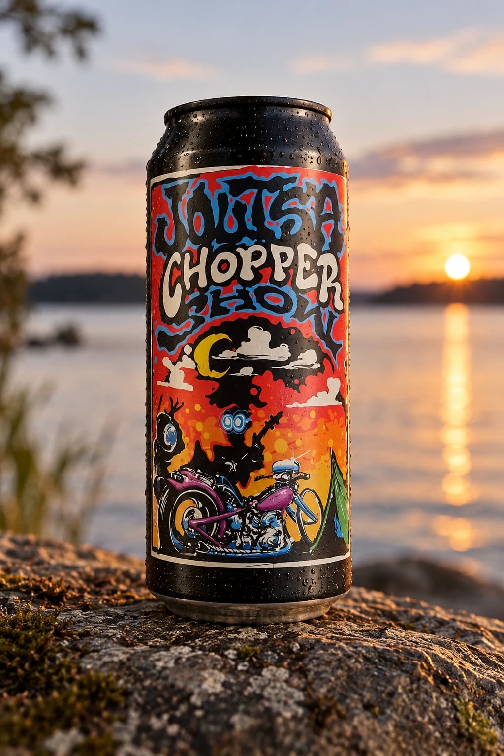 Joutsa Choppershow Lager -tölkki järvimaisemassa